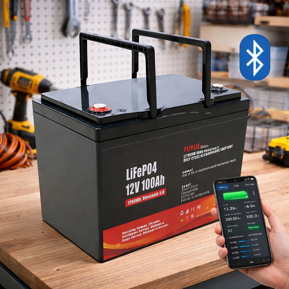 LiFePO4 12V 100Ah Акумулятор Fuyue з Bluetooth та BMS, для ДБЖ з складними ручками